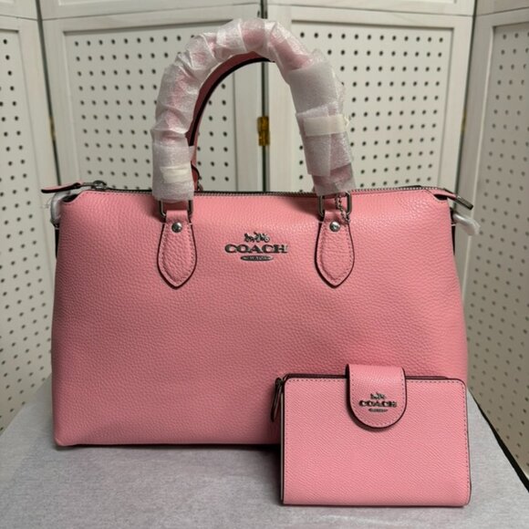 Coach Georgia Satchel Flower Pink Silver PAIRED Matching Wallet Leather Bag NWT - Picture 2 of 10